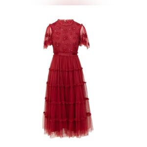 NWT Ivy City Co. Anastasia in Dark Red Embellished Tulle Ruffled Midi Dress XS
